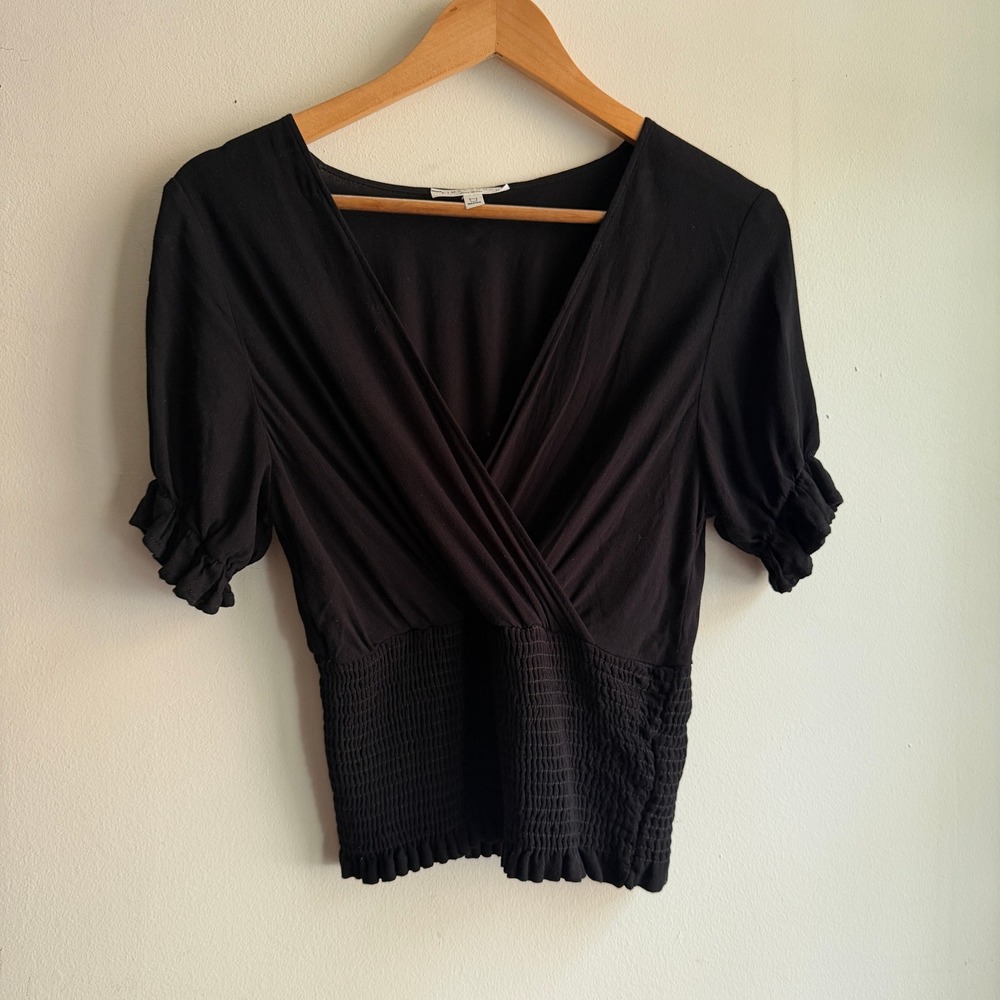 Final Touch Surplice Smocked Waist Blouse Black Medium